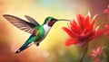 Hummingbird. Hummingbird flying over a red flower. Fantastic tropics. Selective focus. AI generated Royalty Free Stock Photo