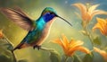 Hummingbird. Hummingbird flying over a yellow flower. Fantastic colored tropics. Selective focus. AI generated Royalty Free Stock Photo
