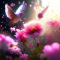 Hummingbird flying in the sky and beautiful pink flower background. generative AI Royalty Free Stock Photo