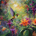 A hummingbird in the forest next to lilies. Generative AI