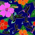 Hummingbird and Hibiscus Flower Exotic Vector Seamless Pattern Design