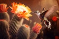 hummingbird hovering above cactus bloom in the desert