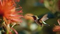Hummingbird hovering, multi colored beak, feather, flower, outdoors generated by AI