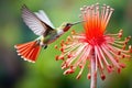 hummingbird hovering near a jungle flower