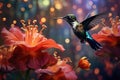 hummingbird hovering near tropical flowers in bloom