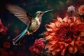 hummingbird hovering near a vibrant flower in bloom
