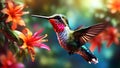 Hummingbird hovering near a vibrant tropical flower