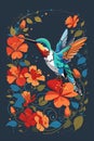 hummingbird illustration with beautiful colorful flower illustrations