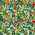 hummingbird, leaves, fruit and flowers, tropical background, watercolor jungle. Floral Seamless pattern Royalty Free Stock Photo