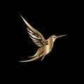 Hummingbird logo. Gold colibri bird flying logo design. Isolated on black background. Vector Royalty Free Stock Photo