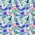 Hummingbird and orchid flower, seamless pattern tropical leaves, watercolor illustration, jungle design