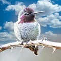 Hummingbird Sitting Blue Sky Clouds Background