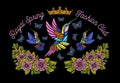 Hummingbirds butterflies crown flowers embroidery patch royal sp