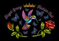 Hummingbirds butterflies crown roses embroidery patch Royal spring fashion club.