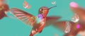 Hummingbirds display iridescent feathers and swift movements in vibrant surroundings