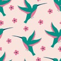 Hummingbirds and flowers hand drawn vector illustration. Adorable tropical bird and blossom garden seamless pattern for fabric. Royalty Free Stock Photo