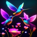 Hummingbirds and flowers in neon light, 3d rendering. Computer digital drawing. generative AI