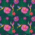 Hummingbirds fluttering over exotic flowers. Colibri. Tropical print.