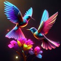 Hummingbirds flying with flowers in the background. 3d rendering Generative AI