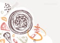 Hummus background. Mediterranean food, ingredients, plants, pita sketches. Vegan food illustration. Hand-drawn hummus in plate,