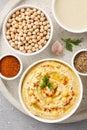 Hummus bowl and raw ingredients for cooking