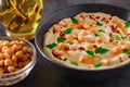 Hummus with chickpeas, oil, spices and herbs in bowl on dark background, selective focus Royalty Free Stock Photo