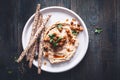 Hummus with crunchy Chickpeas and Bread stick for Starter.