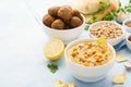 Hummus dip with chips, pita and falafel. Healthy food Royalty Free Stock Photo