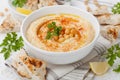 Hummus or houmous, appetizer made of mashed chickpeas, tahini, lemon, garlic, olive oil, parsley and paprika Royalty Free Stock Photo