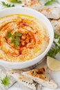 Hummus or houmous, appetizer made of mashed chickpeas, tahini, lemon, garlic, olive oil, parsley and paprika