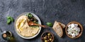 Hummus with olives and herbs Royalty Free Stock Photo