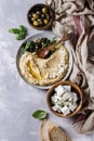 Hummus with olives and herbs Royalty Free Stock Photo