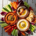 Appetizing hummus platter with fresh vegetables and pita bread on a wooden surface Royalty Free Stock Photo