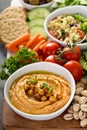 Hummus and vegetables platter with grain salad