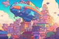 humongous spaceship floating above futuristic city with flying cars and hoverboards in the streets