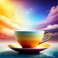 humongous teacup and sauser floating in the sky, surrounded by clouds, abstract, surreal, dreamlike