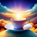 humongous teacup and sauser floating in the sky, surrounded by clouds and rainbows, abstract, surreal, dreamlike