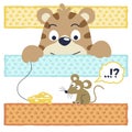 Cartoon of little mouse on cat`s trap Royalty Free Stock Photo