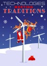 Humoristic Christmas postcard. Santa Claus with his deers got lost in the windmill.