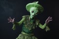 humorous alien, dressed in traditional festival garb and performing strange dance