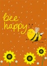 Humorous card or print on a t-shirt. Two cute bees on an orange background. Vector illustration. Caption bee happy Royalty Free Stock Photo