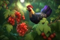 Cheeky chicken hiding in a bush full of delicious berries Royalty Free Stock Photo