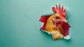 A humorous chicken peers through a ripped hole in a contrast pastel color paper background, Ai Generated Royalty Free Stock Photo