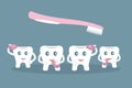 Humorous concept brushing teeth. Cute cartoon style teeth wash with purple sponges and pink toothbrush on blue background