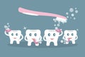 Humorous concept brushing teeth. Cute cartoon style teeth wash with purple sponges,soap bubbles and pink toothbrush on blue