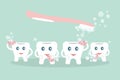 Humorous concept brushing teeth. Cute cartoon style teeth wash with pink sponges,soap bubbles and toothbrush on blue background.