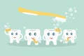 Humorous concept brushing teeth. Cute cartoon style teeth wash with yellow sponges,soap bubbles and mustard toothbrush on blue