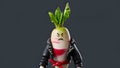 Angry Radish Character in Leather Jacket and Red Scarf on Dark Background Royalty Free Stock Photo
