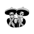 Humorous Cute Mexican Desperados holding ice cream instead of gun. Isolated doodle vector Illustration in black over