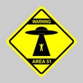 Humorous danger road signs for UFO, aliens abduction theme, vector illustration. Yellow road sign with text Warning Area 51.